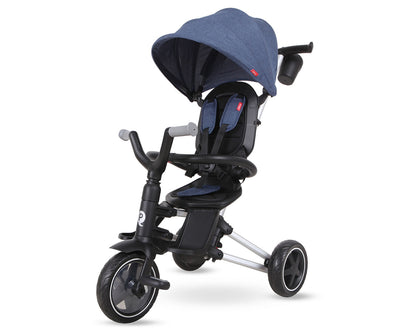 Kuva kolmipyöräisestä lasten polkupyörästä, sininen ja vaaleansininen väritys, ergonominen muotoilu, turvallinen ja kestävä rakenne.