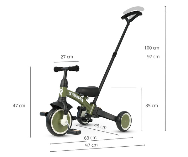 Kolmipyöräinen lastenpyörä vihreä 3-in-1 teräsrunko