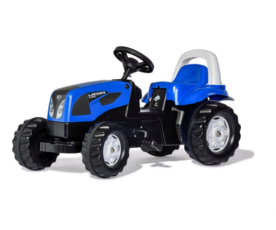 Punainen Rolly Toys traktori Landini -merkillä ja perävaunulla.
