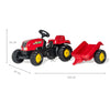 Punainen Rolly Toys -traktori lapselle, jossa on perävaunu.