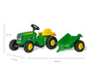 John Deere -merkkinen Rolly Toys -traktori lasten leikkiin, jossa on mukana perävaunu.
