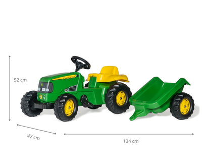 John Deere -merkkinen Rolly Toys -traktori lasten leikkiin, jossa on mukana perävaunu.
