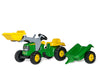 Rolly Toys 023110 -traktori, Rolly Kid John Deere -merkkinen. Traktorissa on mukana kauha ja peräkärry.