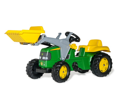 John Deere -merkkinen traktorilelu lapsille, jossa mukana lapiolla varustettu peräkärry.