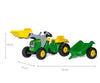 Vihreä Rolly Toys -traktori lapsille, John Deere -merkkinen. Mukana kauha ja peräkärry.