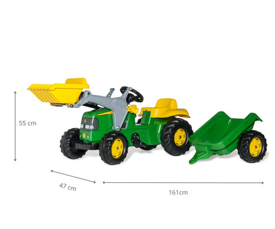 Vihreä Rolly Toys -traktori lapsille, John Deere -merkkinen. Mukana kauha ja peräkärry.