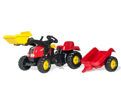 Punainen Rolly Toys -traktori lapsille, mukana kauha ja perävaunu.
