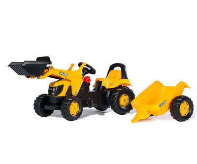 Kuva Rolly Toys -traktorista, jossa on JCB-lisävaruste ja perävaunu.