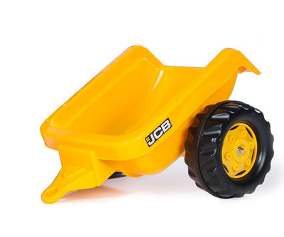 Punainen Rolly Toys -traktori JCB:n logolla, mukana kauha ja perävaunu.