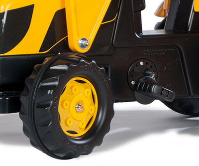 JCB-traktori lasten leikkikäyttöön, jossa mukana kauha ja perävaunu.