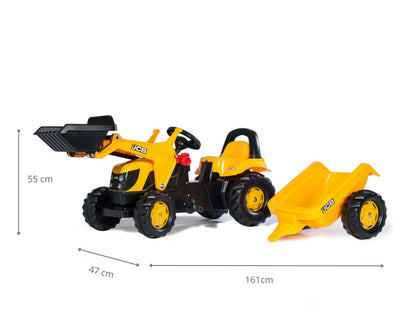 Kuvassa on Rolly Toys -merkkinen traktori, jossa on JCB-logo. Traktorissa on mukana kauha ja peräkärry.