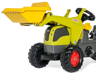 Rolly Toys -merkkinen traktori leikkikäyttöön. Traktorissa on Claas-teema, kauha ja lavetti.