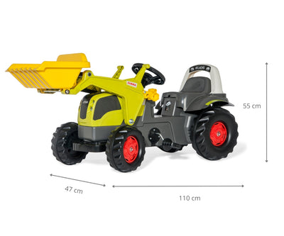 Punainen Rolly Toys -traktori Claas-teemalla, mukana kauha.