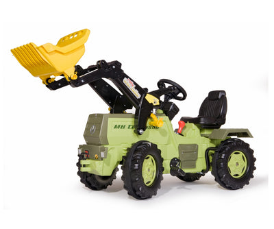 Mercedes-Benz -merkkinen Rolly Toys -traktori lapsille, jossa mukana lisävarusteena kauha ja vaihteet.