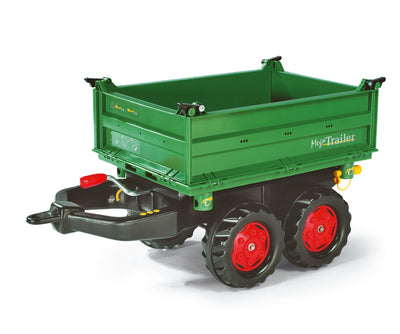 Rolly Toys -merkkinen tummanvihreä kahden akselin perävaunu.