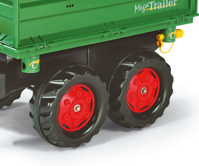 Rolly Toys -merkkinen vihreä kaksipyöräinen peräkärry, jossa on tummat renkaat ja kaksi akselia.