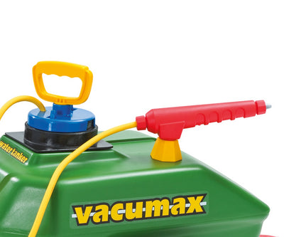 Vihreä Rolly Toys -merkkinen cysterna-rolly-vacumax -leikkikärry, jossa on pumppu ja letku.
