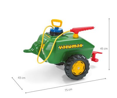 Vihreä Rolly Toys -merkkinen cysterna-rolly-vacumax -leikkikaluauto, jossa on pumppu ja letku.