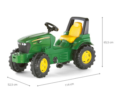 John Deere -merkkinen Rolly Toys 700028 -traktorilelu lapsille. Traktorissa on realistiset yksityiskohdat ja se on vihreä-keltaisen värinen.