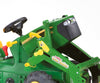 Rolly Toys -merkkinen traktori, malli Rolly Farmtrac John Deere, jossa on lapiokauha ja pumppupyörät.
