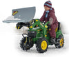 Vihreä Rolly Toys -traktori John Deere -logolla, mukana kauha ja pumppupyörät.