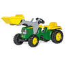 Rolly Toys -merkkinen traktori leikkiauto lapsille, John Deere -teemalla. Mukana lavetti ja peräkärry.