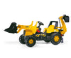 Kuva Rolly Toys 812004 traktorista, Rolly Junior JCB, jossa on kauha ja perävaunu.
