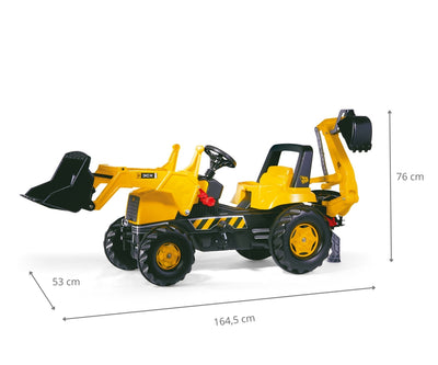 Rolly Toys 812004 -traktori, Rolly Junior JCB -merkkinen. Traktorin edessä kauha, perävaunu perässä.