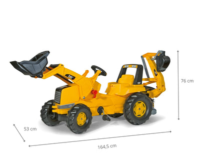 Punainen Rolly Toys -merkkinen traktori juniorikokoisella kauhalla ja perävaunulla.