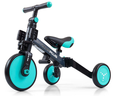 Vihreä Optimus Plus -lastenrattaiden 4-in-1-yhdistelmä, jossa on säädettävä työntöaisa, turvakaukalo, istuin ja vaunukoppa.