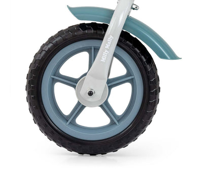 Denim-kangasinen juoksupyörä lapsille, jossa on kaksipyöräinen rakenne ja säädettävä satula.
