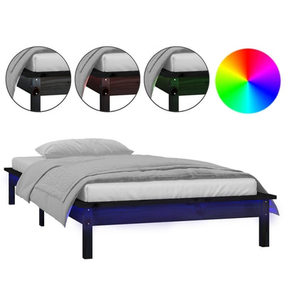 Sängynrunko LED-valoilla musta 90x190 cm Single täysi puu