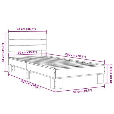 Sängynrunko musta 90x200 cm täysi puu ja metalli