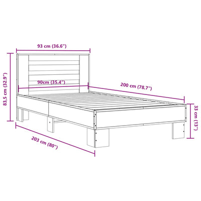 Sängynrunko musta 90x200 cm täysi puu ja metalli
