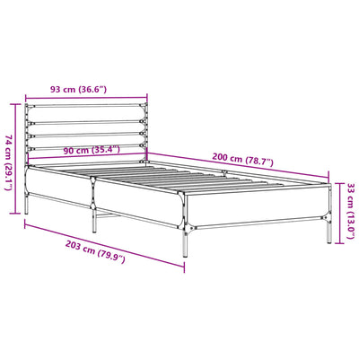 Sängynrunko musta 90x200 cm täysi puu ja metalli