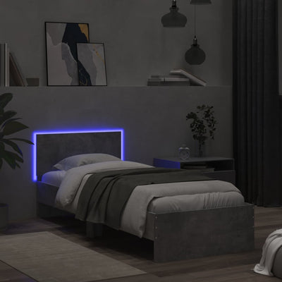 Sängynrunko päädyllä ja LED-valoilla betoninharmaa 90x190 cm