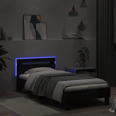Sängynrunko päädyllä ja LED-valoilla musta 75x190 cm