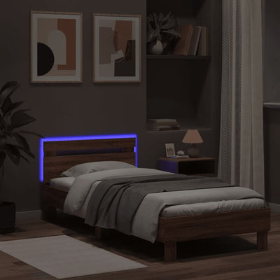 Sängynrunko päädyllä ja LED-valoilla ruskea tammi 75x190 cm