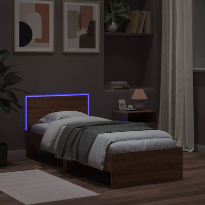 Sängynrunko päädyllä ja LED-valoilla ruskea tammi 75x190 cm