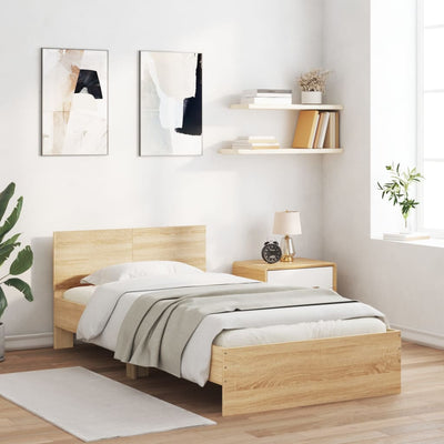 Sängynrunko päädyllä ja LED-valoilla Sonoma-tammi 100x200 cm