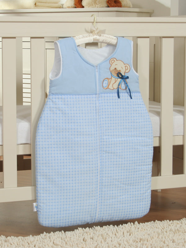 My Sweet Baby - Puuvillainen lasten unipussi koko M 6–12 kuukautta Tog 2.5 ympärivuotiseen käyttöön Karhu rusetilla sininen
