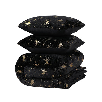 Pussilakanasetti Glamour Flanel Stars Foil Musta
