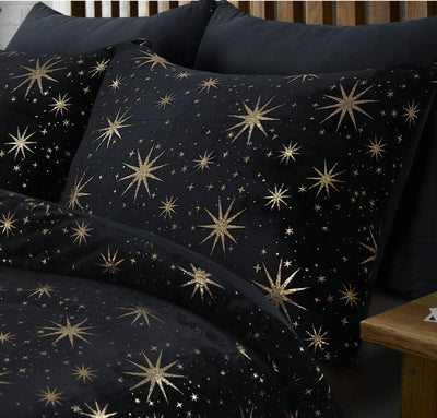 Pussilakanasetti Glamour Flanel Stars Foil Musta
