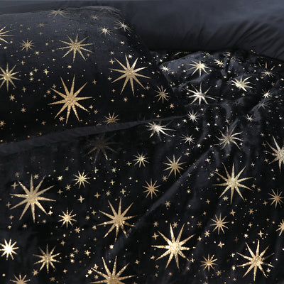 Pussilakanasetti Glamour Flanel Stars Foil Musta
