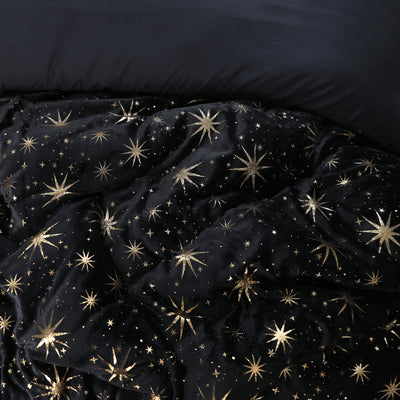 Pussilakanasetti Glamour Flanel Stars Foil Musta