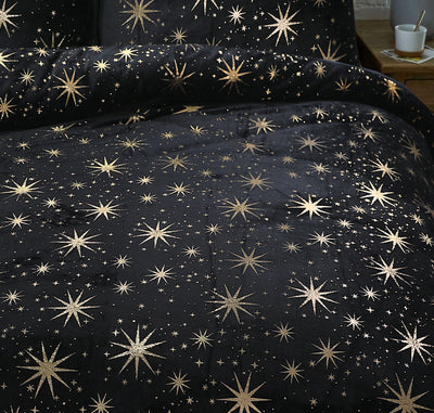 Pussilakanasetti Glamour Flanel Stars Foil Musta