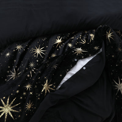 Pussilakanasetti Glamour Flanel Stars Foil Musta