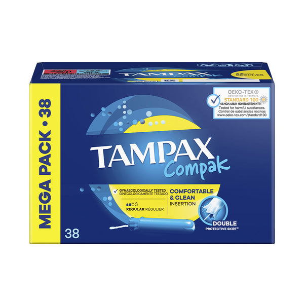Tampax Compak Regular 38 kpl – pitkäkestoiset compak‑tamponit | Vuodevaatteet.fi