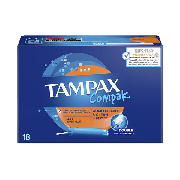 Tampax Compak Super Plus 18 kpl – kompakti suoja runsaalle vuodolle | Vuodevaatteet.fi