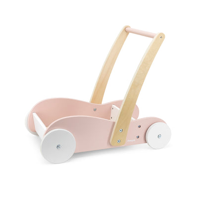 Vaaleanpunainen lasten kävelyapuväline Mini Mover, jossa on pyörivät renkaat ja säädettävä kahva.